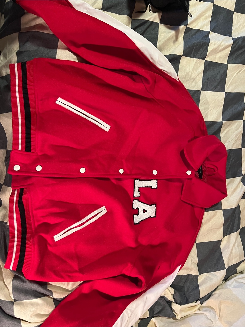 Red Women's Varsity Jacket with LA Lettering